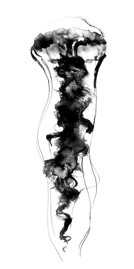 Black watercolor jellyfish with smoke-like tentacles tattoo design