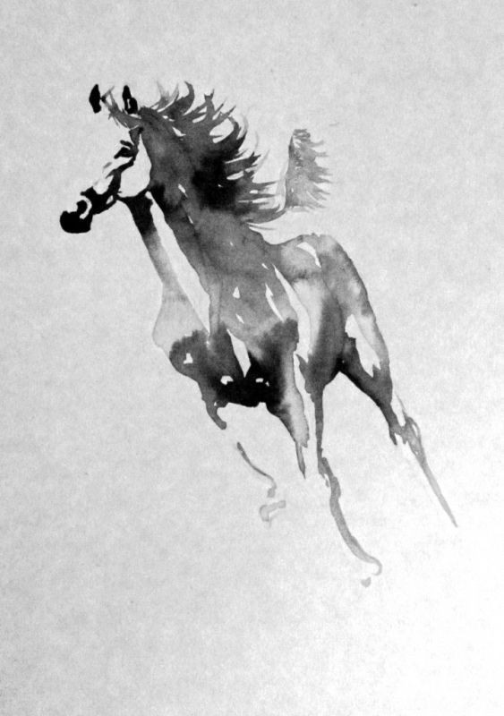 Black watercolor running horse tattoo design