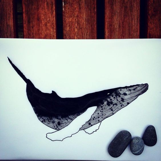 Black watercolor spotted whale with white flippers tattoo design