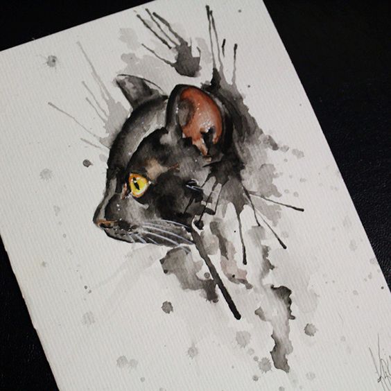 Black watercolor yellow-eyed cat head in profile tattoo design