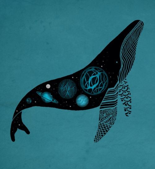 Black whale woth space print on skin tattoo design