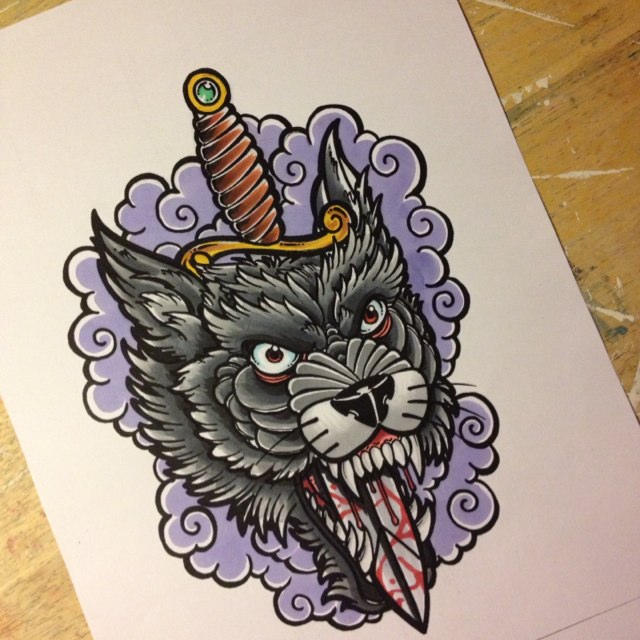 Black wolf killed with a dagger in purple smoke tattoo design