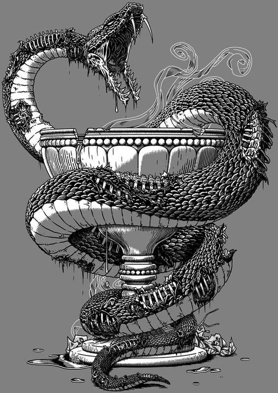 Black zombie snake wreathing aroung silver cup tattoo design