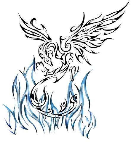 Blak tribal phoenix flying over blue flame tattoo design