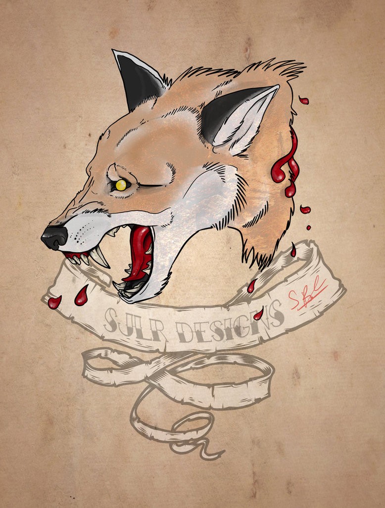 Bleeding new school fox head with quoted ribbon tattoo design by Mcrmorbid