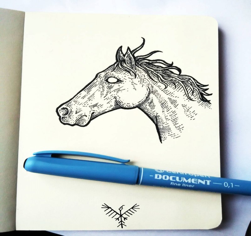 Blind-eyed dashed horse head tattoo design