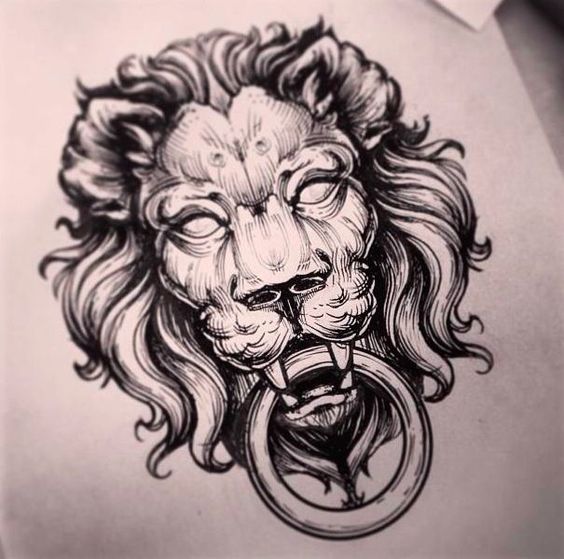 Blind-eyed lion keeping a ring tattoo design