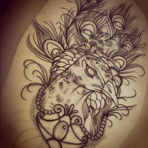 Blind-eyed peacock portrait tattoo design
