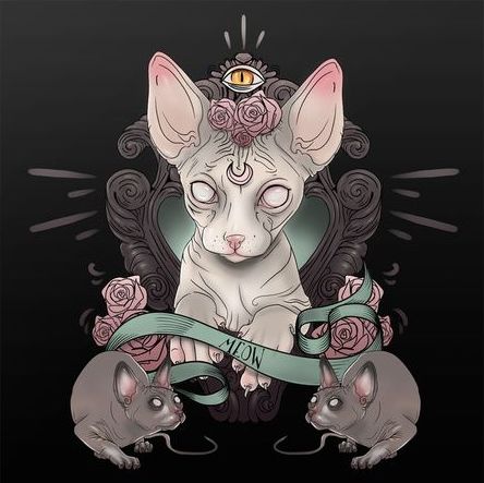 Blind-eyed sphynx cat portrait with meow stripe and mice tattoo design