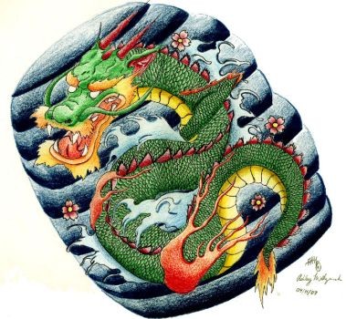 Blind colorful japanese dragon in waves with cherry blossom tattoo design by Sketch Book Flavor