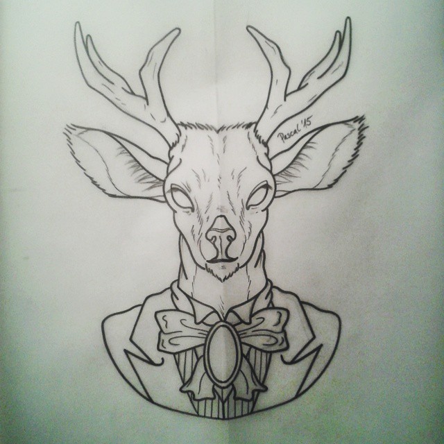 Blind deer in bow and suit tattoo design