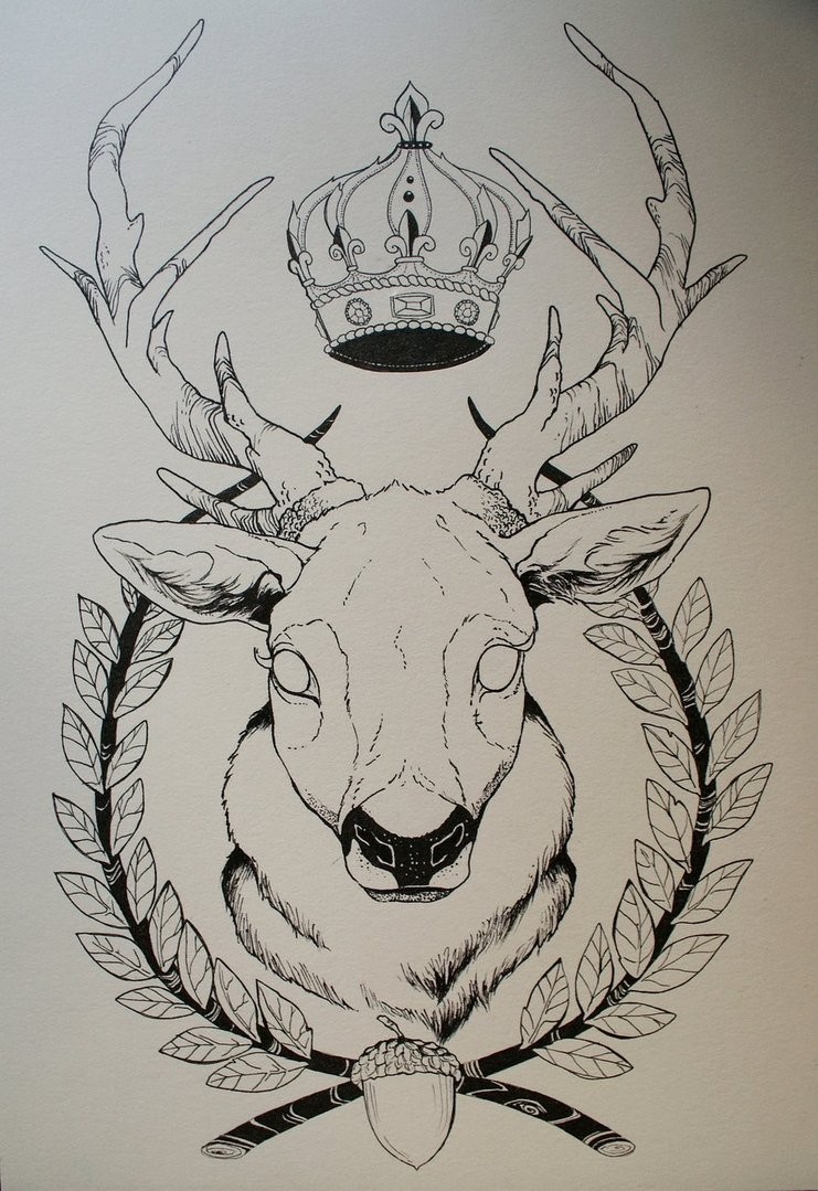 Blind deer with crown and crossed branches tattoo design by Saint Wolf of Eden