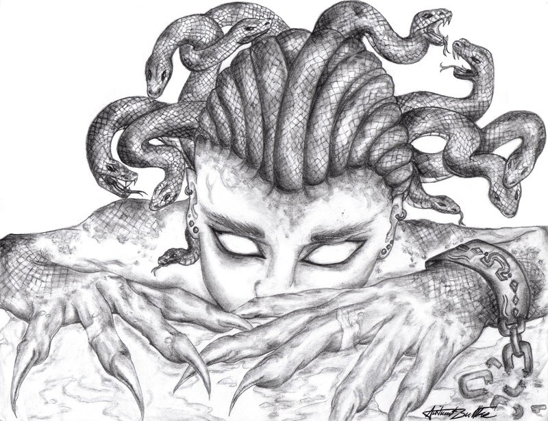 Blind medusa gorgona in handcuffs tattoo design by Nemesis Of The Gods