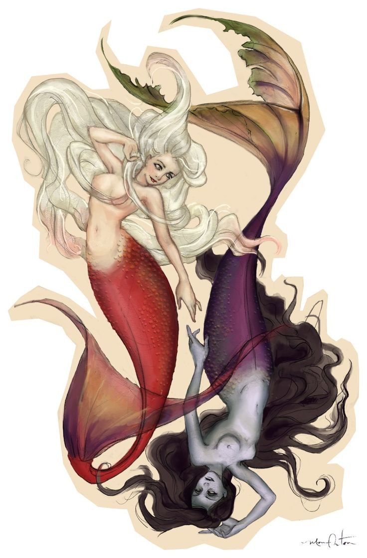 Blondy and brunette mermaids with red and purple tails tattoo design