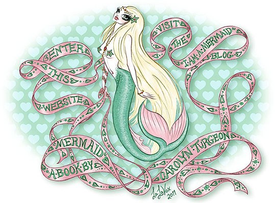 Blondy mermaid with turquoise tail and thin long quoted ribbon tattoo design