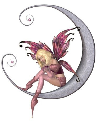 Blondy pink-dressed fairy sitting on a moon tattoo design