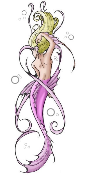 Blondy pink-tail mermaid turn her back tattoo design