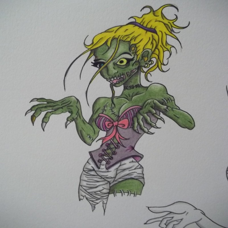 Blondy zombie pin up girl in a pink corset tattoo design by Night Owl Tattoo
