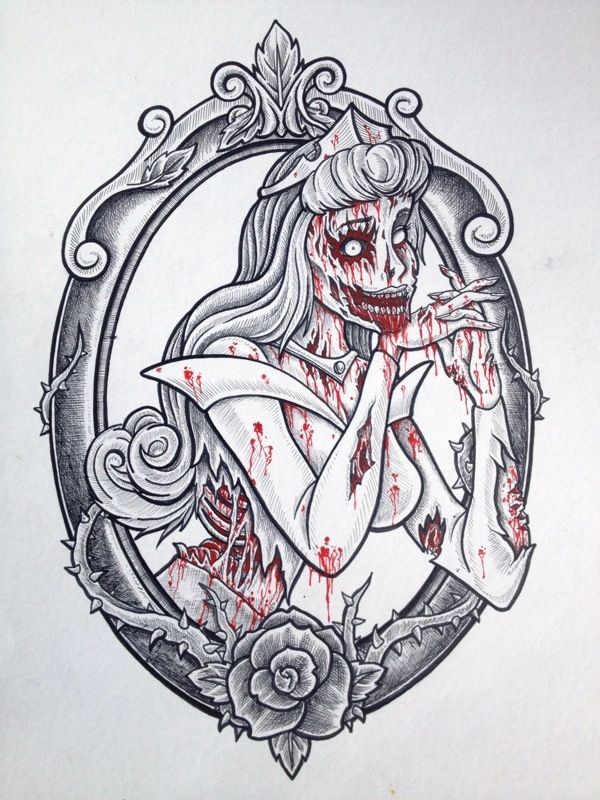 Bloody waiting zombie Cinderella in decorated frame tattoo design