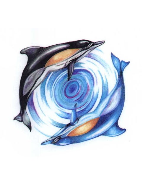 Blue-and-black dolphin couple swimming around water vortex tattoo design