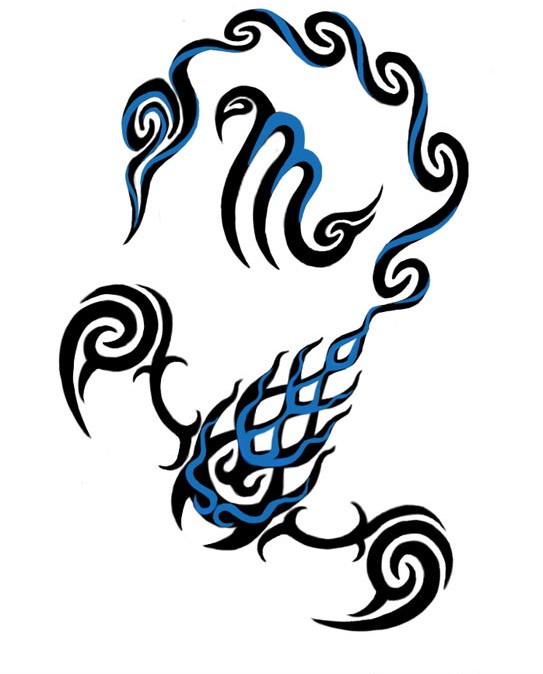 Blue-and-black flaming scorpion tattoo design
