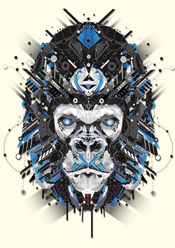 Blue-and-black mechanical scheme monkey tattoo design