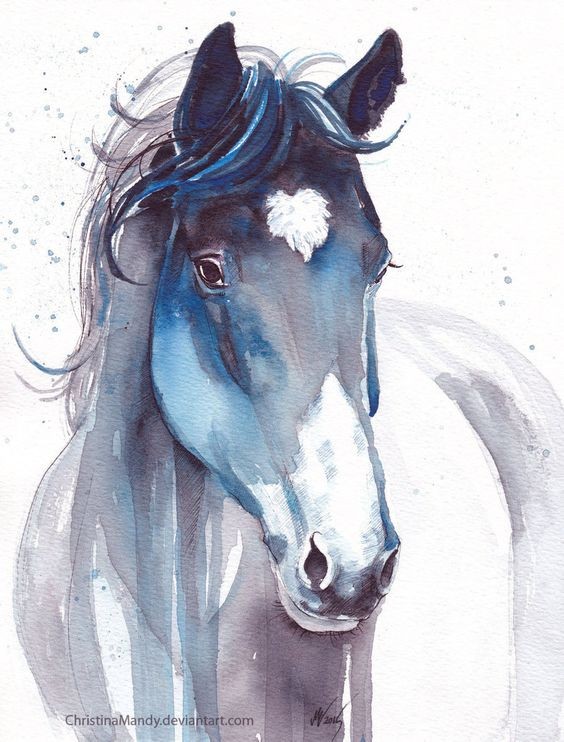 Blue-and-black watercolor horse tattoo design