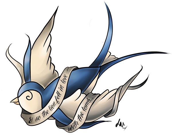 Blue-and-grey flying sparrow curled in quoted ribbon tattoo design by Loulalethal