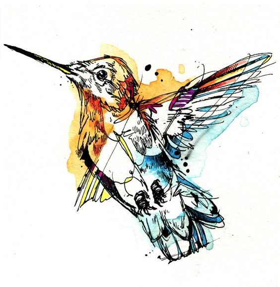 Blue-and-orange watercolor hummingbird tattoo design
