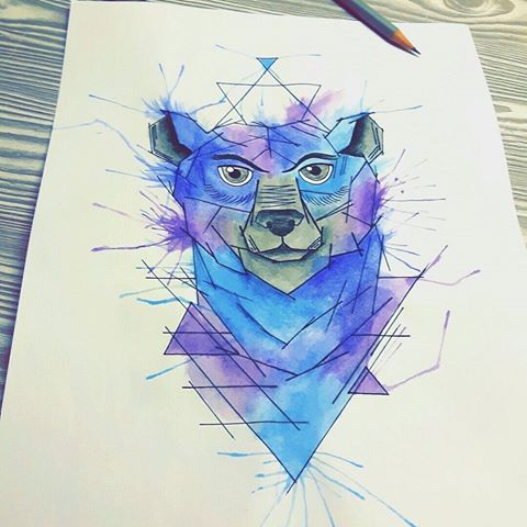 Blue-and-purple bear and geometric drawings tattoo design