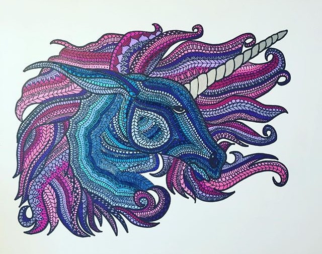 Blue-and-purple geometric-patterned unicorn head tattoo design