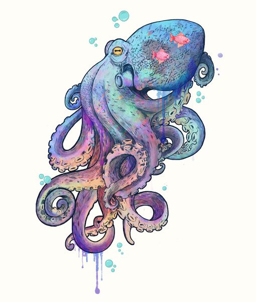 Blue-and-purple octopus in watercolor smudges tattoo design