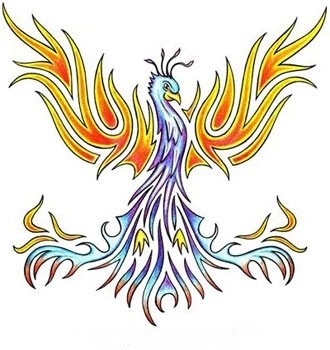 Blue-and-purple tribal phoenix with yellow wings tattoo design