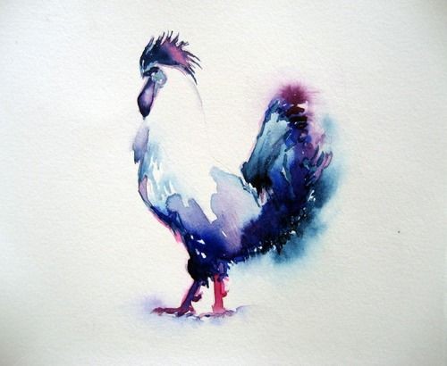 Blue-and-purple watercolor rooster tattoo design