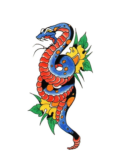Blue-and-red old school snake and yellow flowers tattoo design