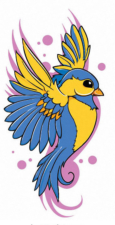 Blue-and-yellow flying bird with pink shadow tattoo design