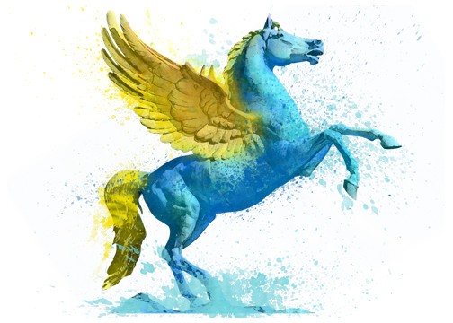Pegasus salpicado de azul e amarelo em pé na traseira do tattoo design