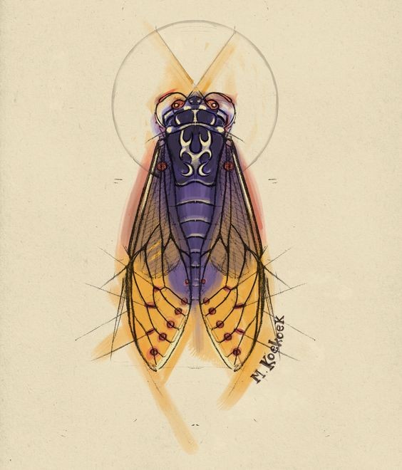 Blue-body bug with closed yellow wings tattoo design