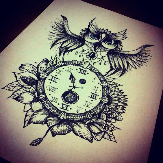 Blue-eyed owl and a big flowered clock tattoo design