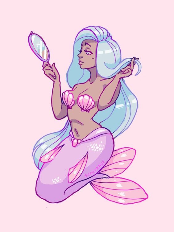 Blue-haired mermaid with pink tail looking in the mirror tattoo design