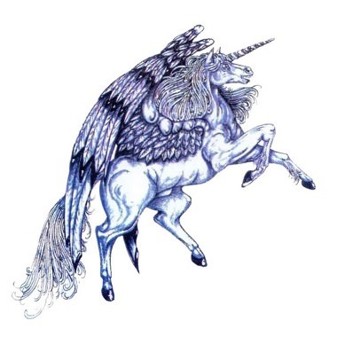 Blue-ink angel-winged unicorn tattoo design