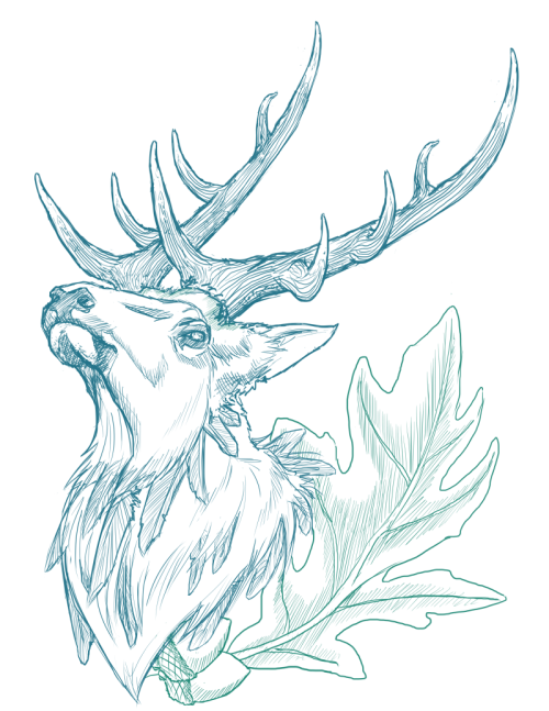 Blue-ink deer and oak leaf tattoo design
