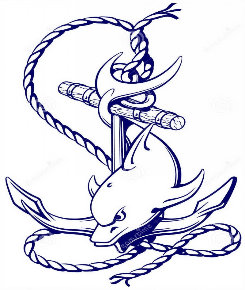 Blue-ink dolphin swimming nead huge roped anchor tattoo design