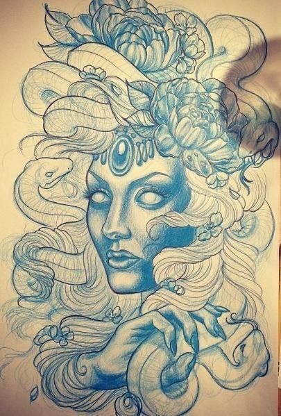 Blue-ink new school medusa gorgona with peony flowers tattoo design