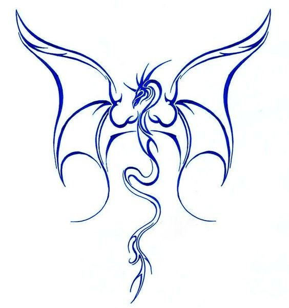 Blue-ink outline dragon with huge open wings tattoo design