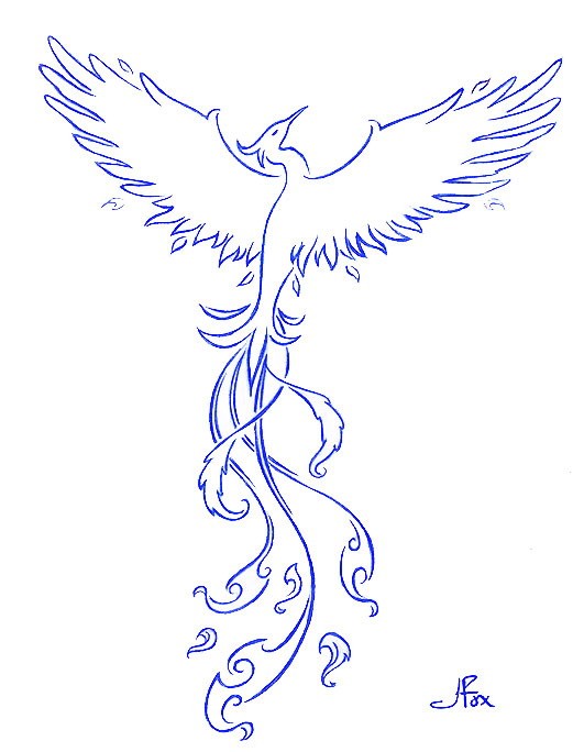 Blue-ink phoenix silhouette rising up tattoo design