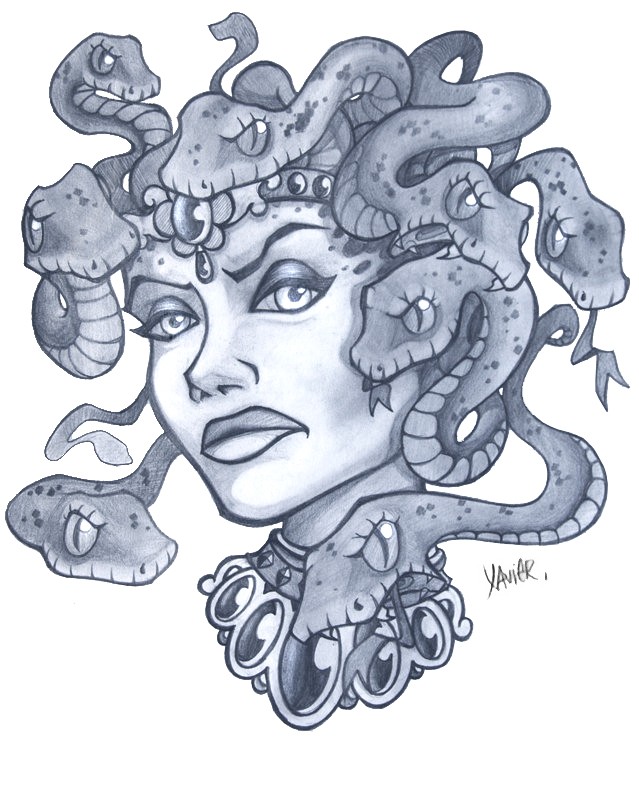 Blue-ink pragmatic medusa gorgona portrait tattoo design