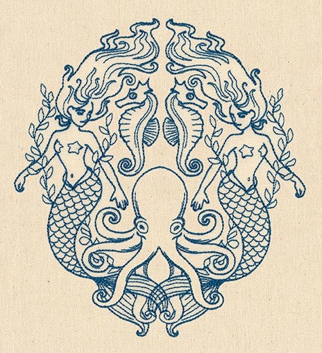 Blue-ink reflected mermaid with seahorses and octopus tattoo design