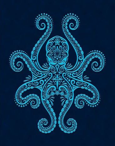 Blue-ink symmetric ornamented octopus tattoo design