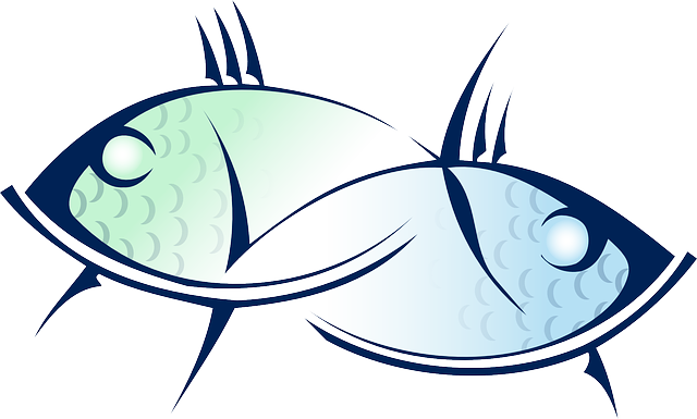 Blue-line fish couple with colored scale tattoo design